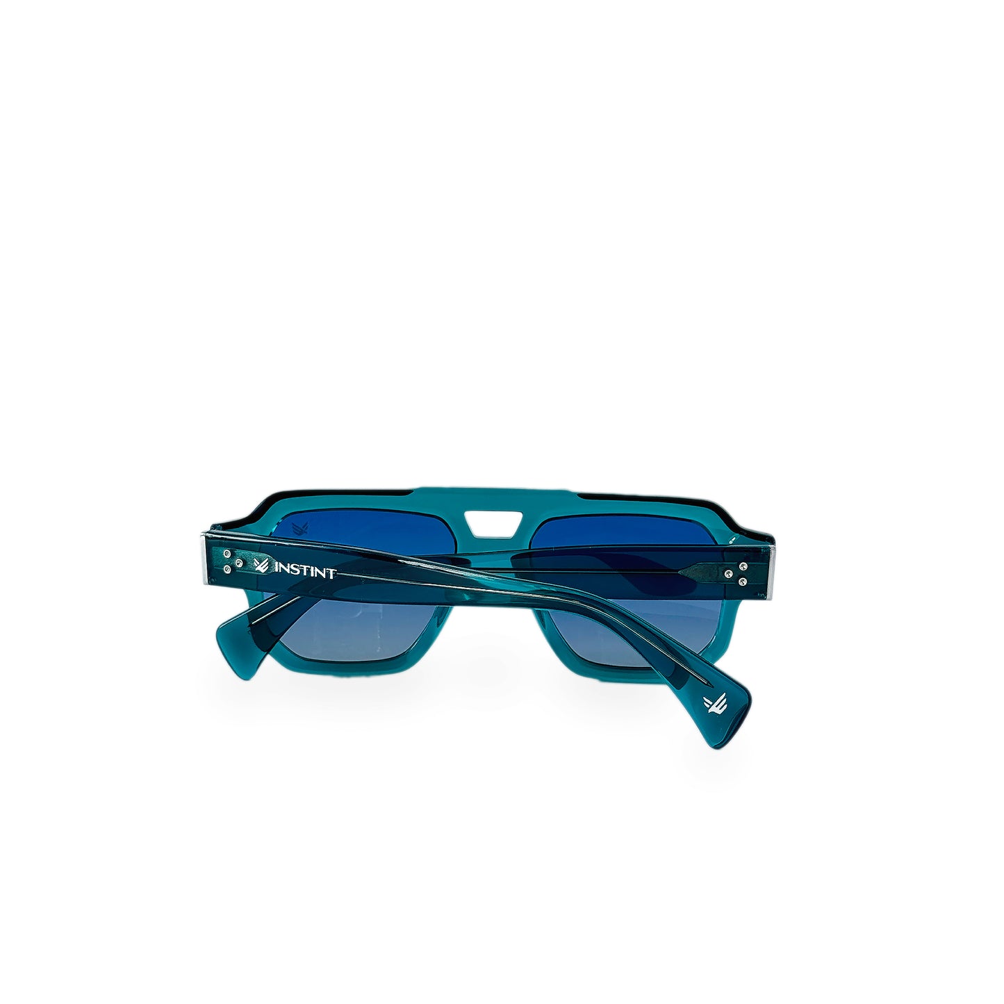 Dettaglio asta occhiali TAORMINA azzurro in acetato con logo Instint